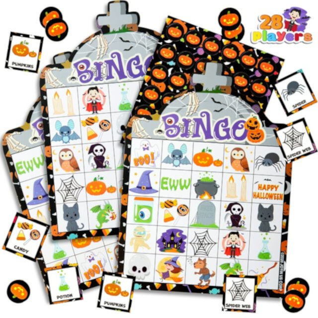 SYNCFUN 28 Players Halloween Bingo Game Cards for Kids,Halloween Bingo Fun Party Games Classroom Games Activities Party Supplies SYNCFUN