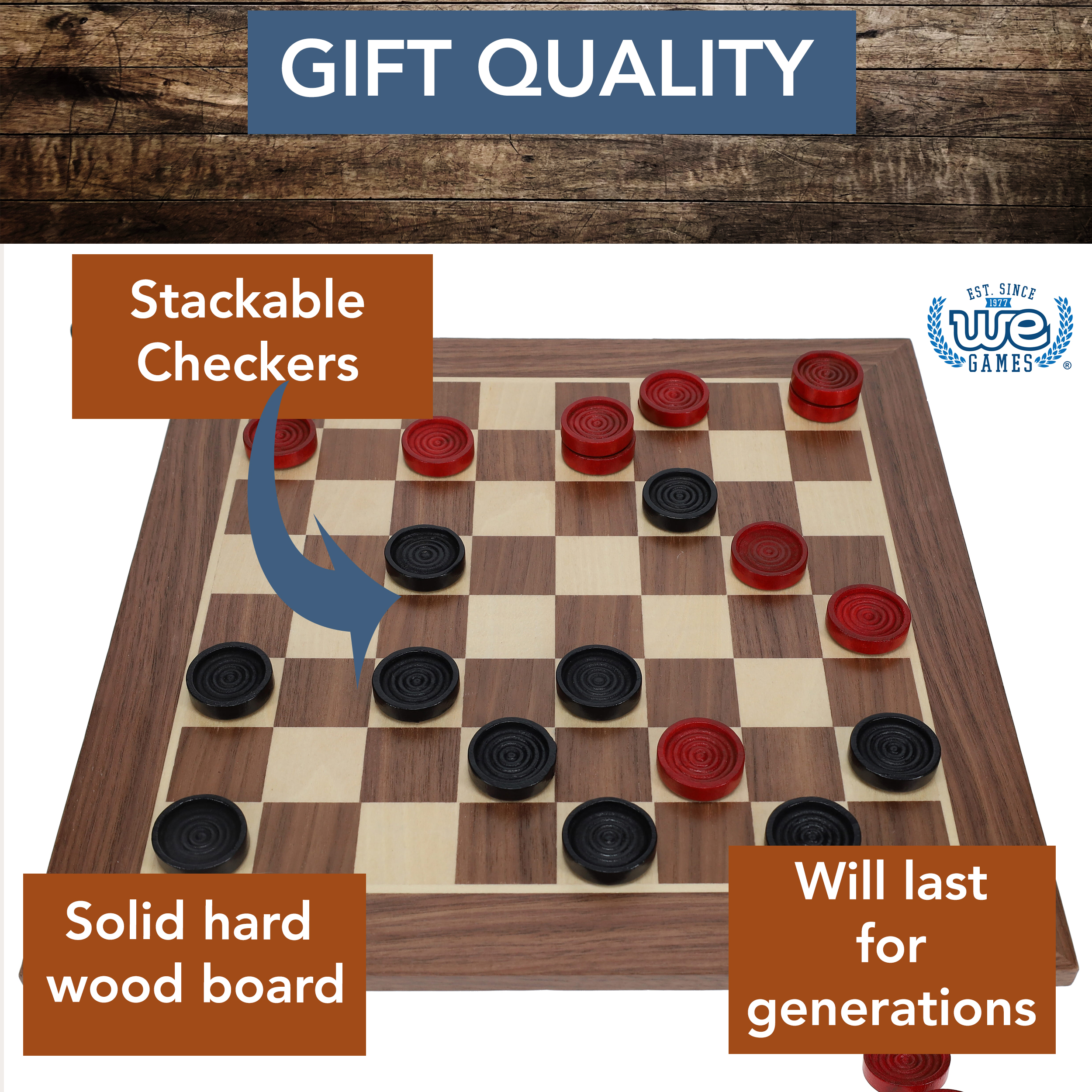 WE Games Old School Red and Black Wooden Checkers Set - 12 in. WE Games