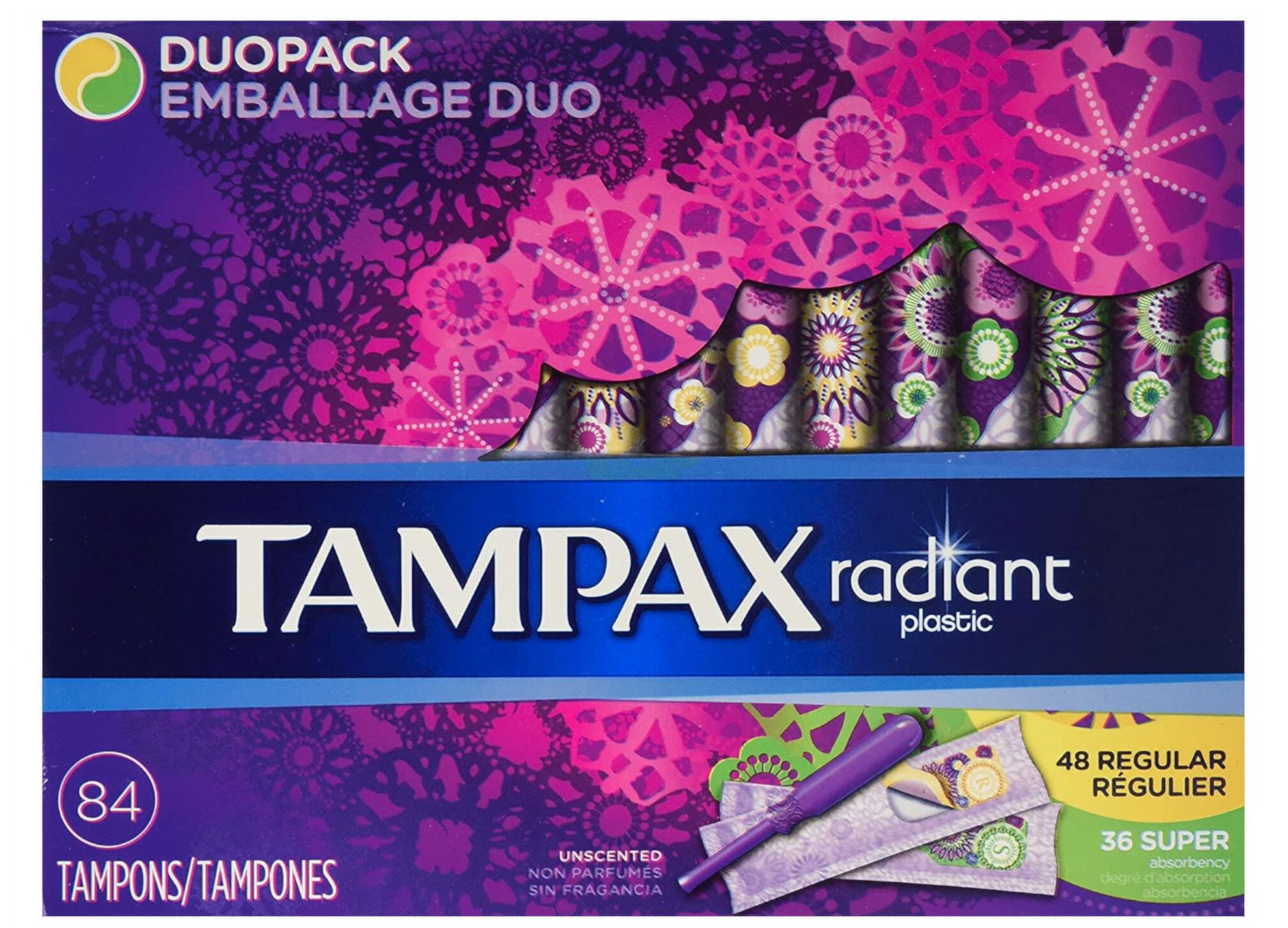 Tampax Radiant Plastic Tampons Duo Pack, Unscented, 84 Count Tampax