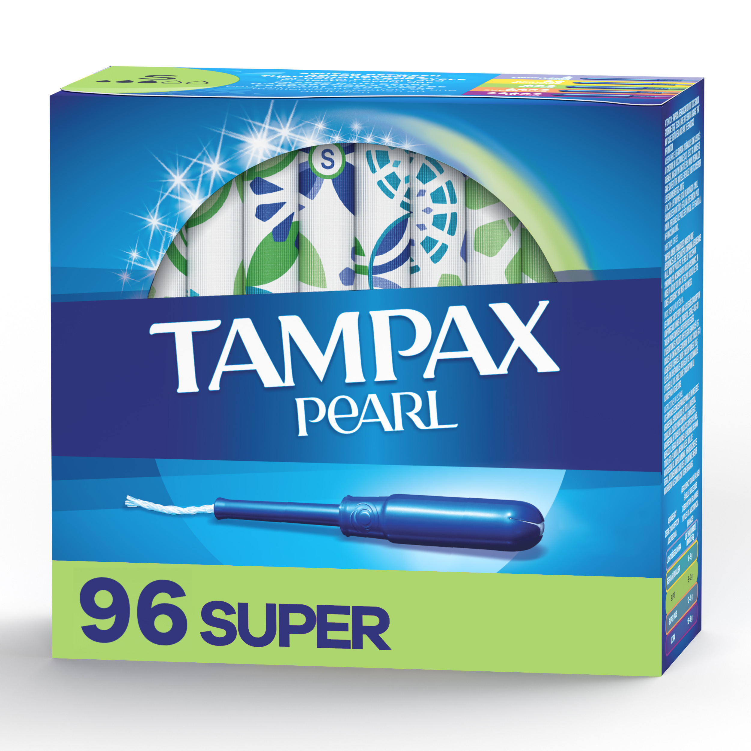 Tampax Pearl Tampons Super Absorbency with BPA-Free Plastic Applicator and LeakGuard Braid, Unscented, 96 Count Tampax