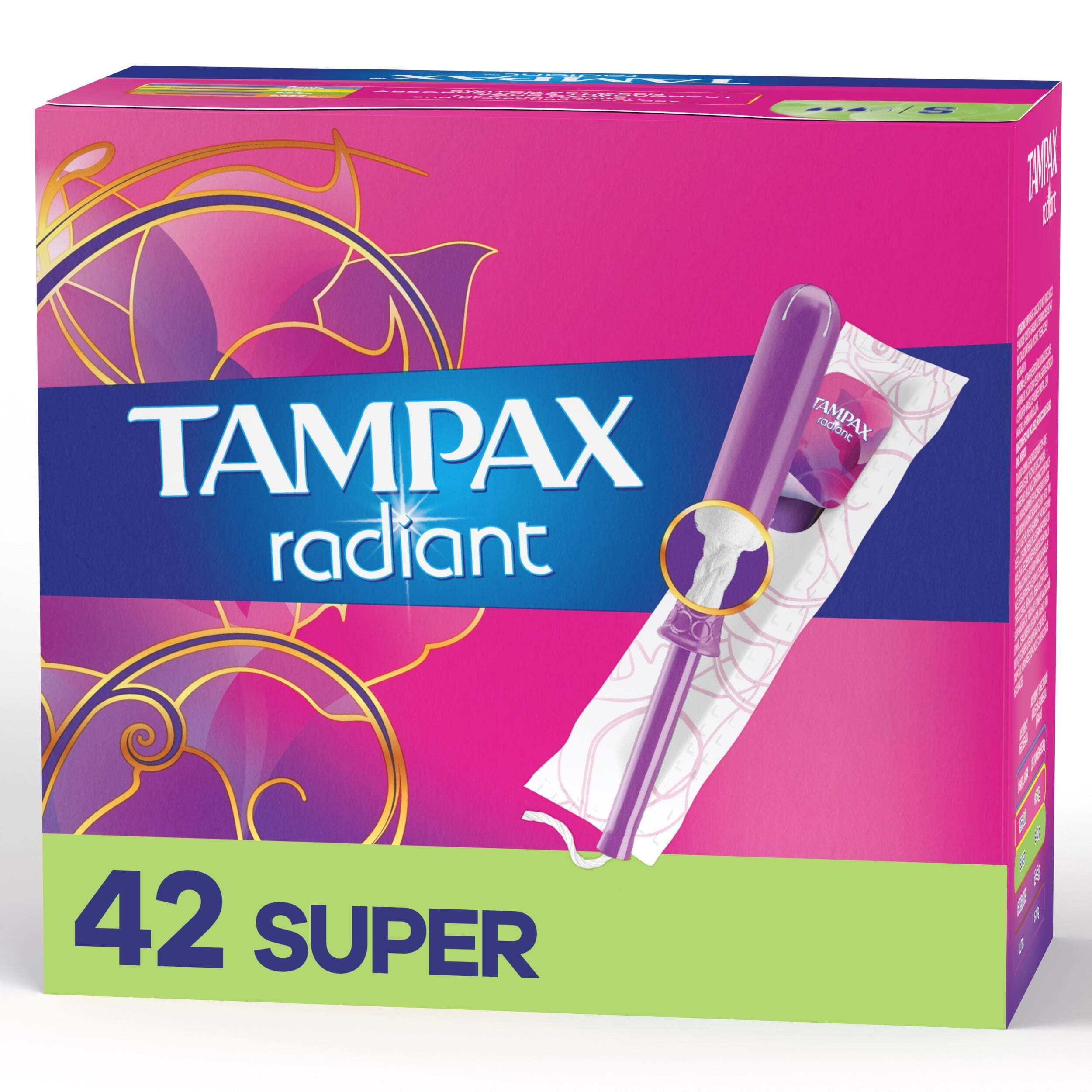 Tampax Radiant Tampons with LeakGuard Braid, Super Absorbency, 42 Count Tampax