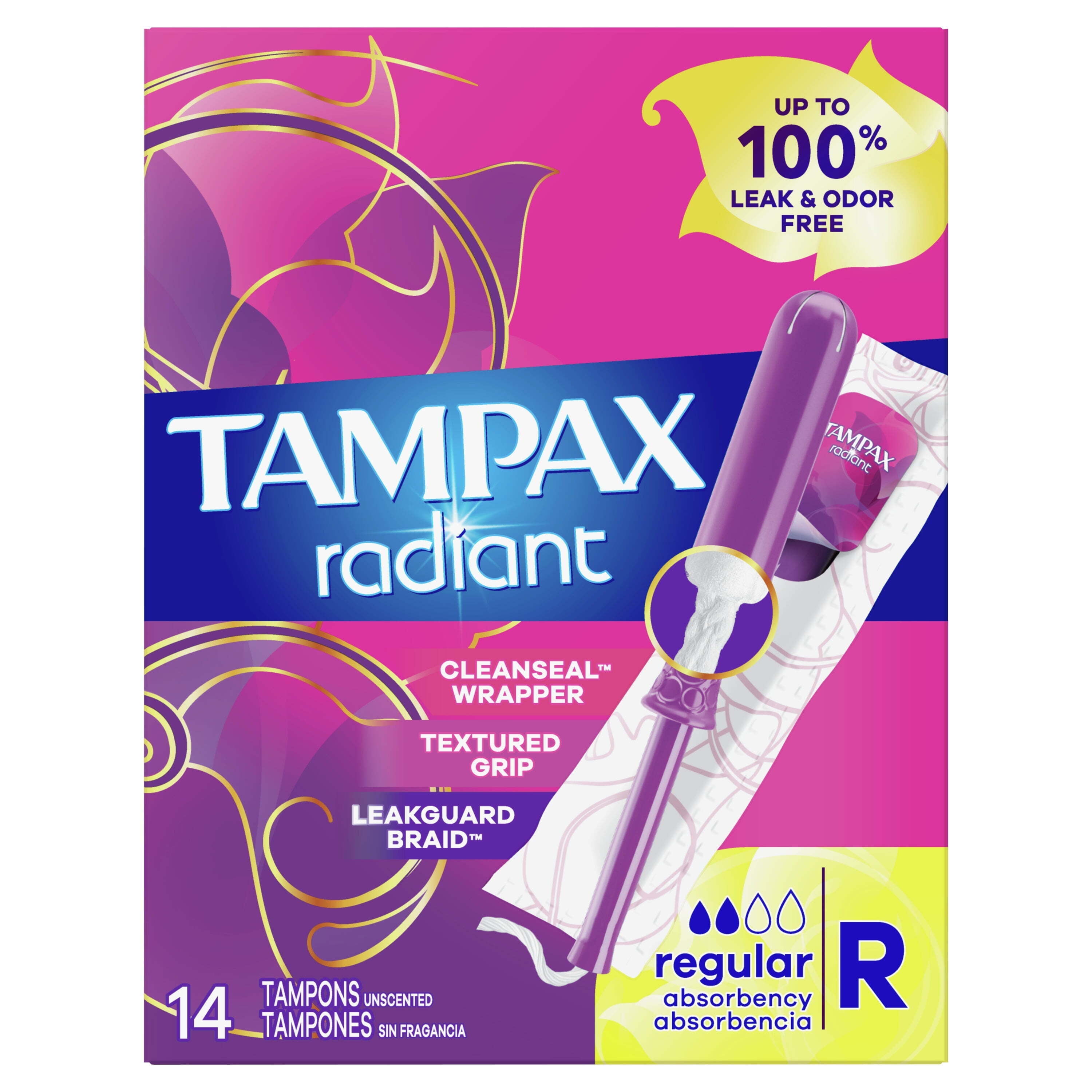 Tampax Radiant Tampons with LeakGuard Braid, Regular Absorbency, 14 Count Tampax