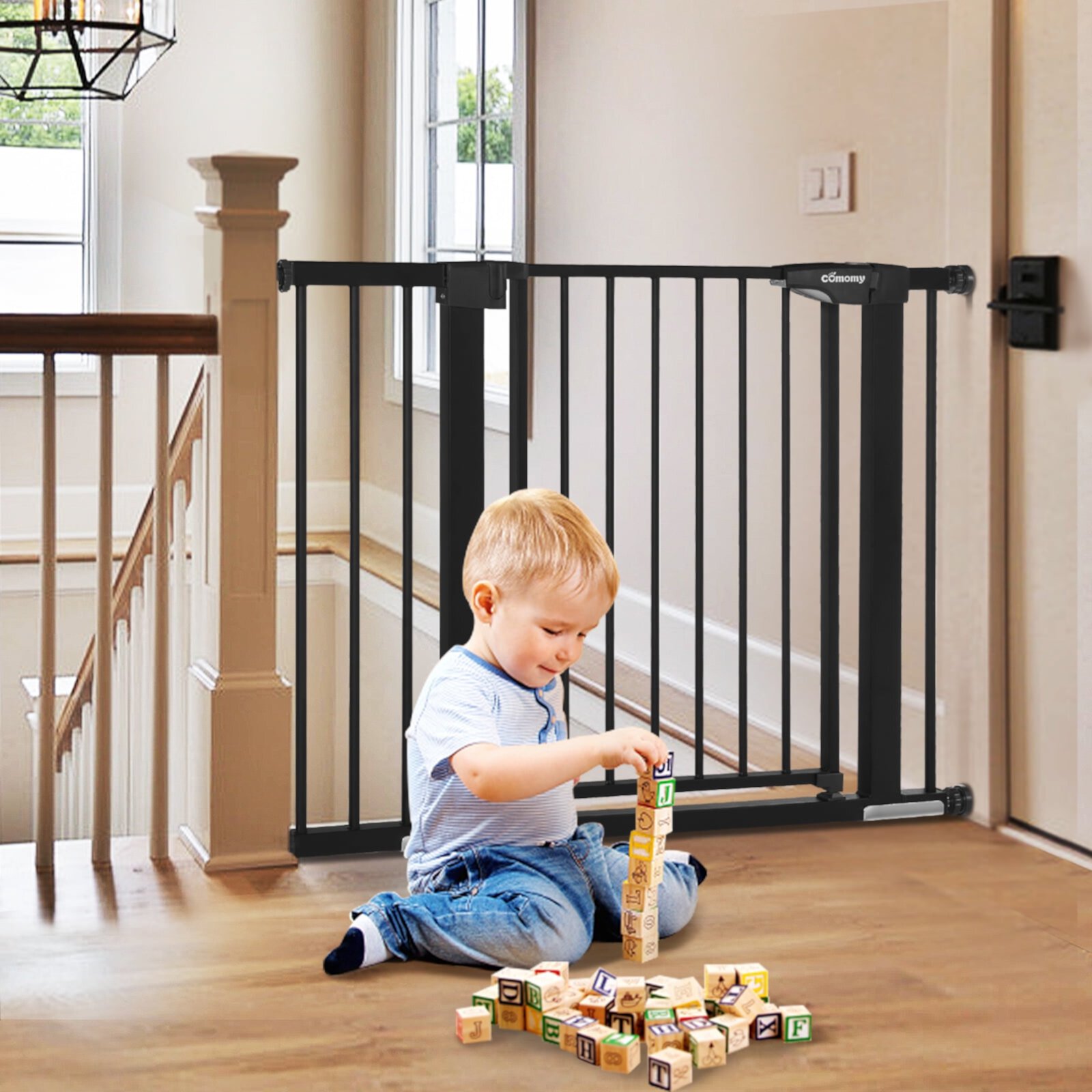 29.5"-43.3" Extra Wide Safety Baby Gate for Stairs Doorways, Top of Stairs, Black SINGES