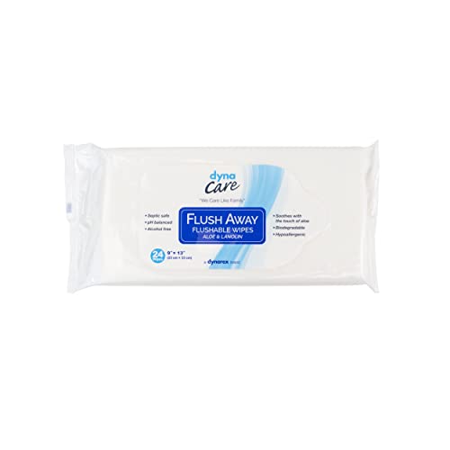 Dynarex 1322 DynaCare Flushable Wipe, Wet Bathroom Hygiene Wipe for Adults, Alcohol Free, 9" x 13", Pack of 24 Dynarex