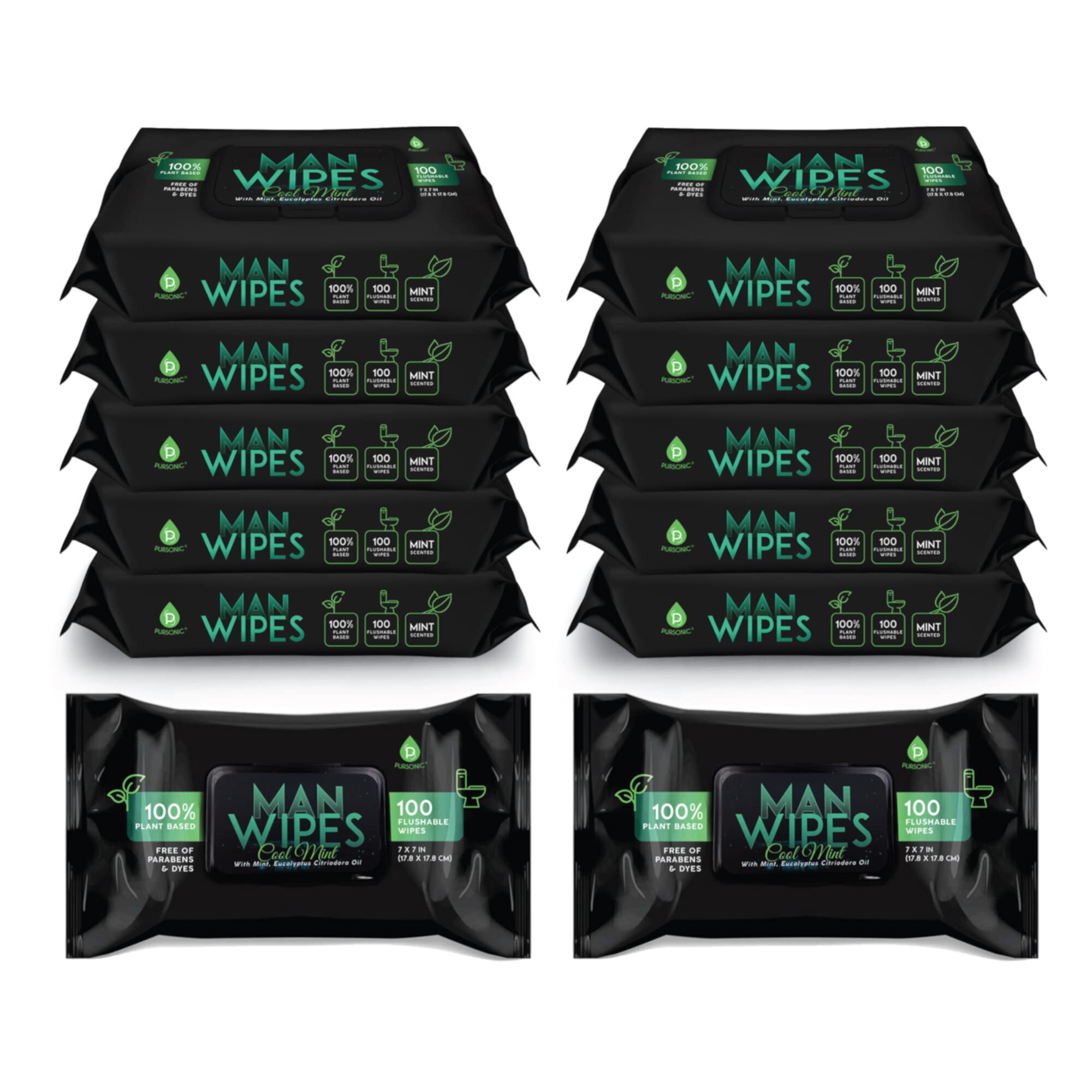 Pursonic Man Wipes Flushable Wipes-12Pack,1200 Wipes-Mint Scented Wet Wipes With Aloe Vera & Vitamin E,100% Plant Based,for at-Home Use - Septic and Sewer Safe Pursonic