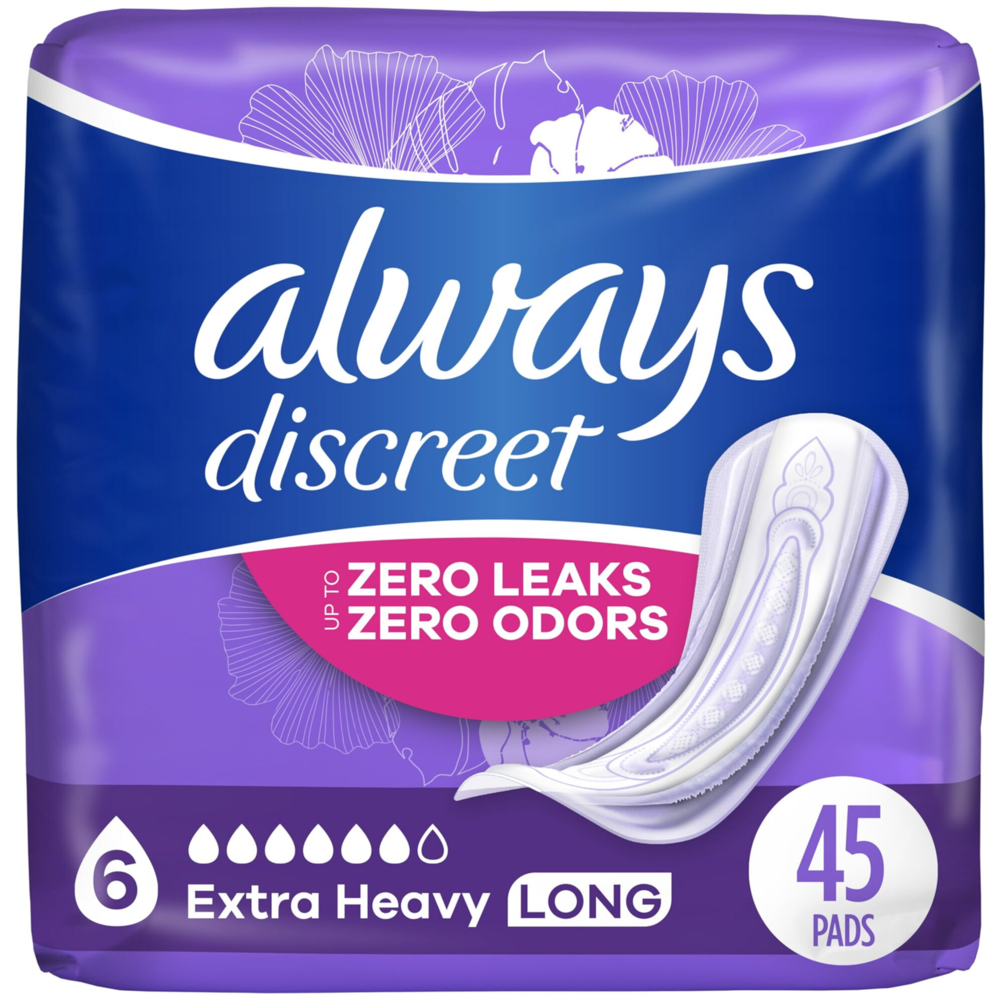 Pack of 2 Always Discreet Incontinence Pads, Extra Heavy Absorbency, Long Length, 45 CT Visit the Always Store