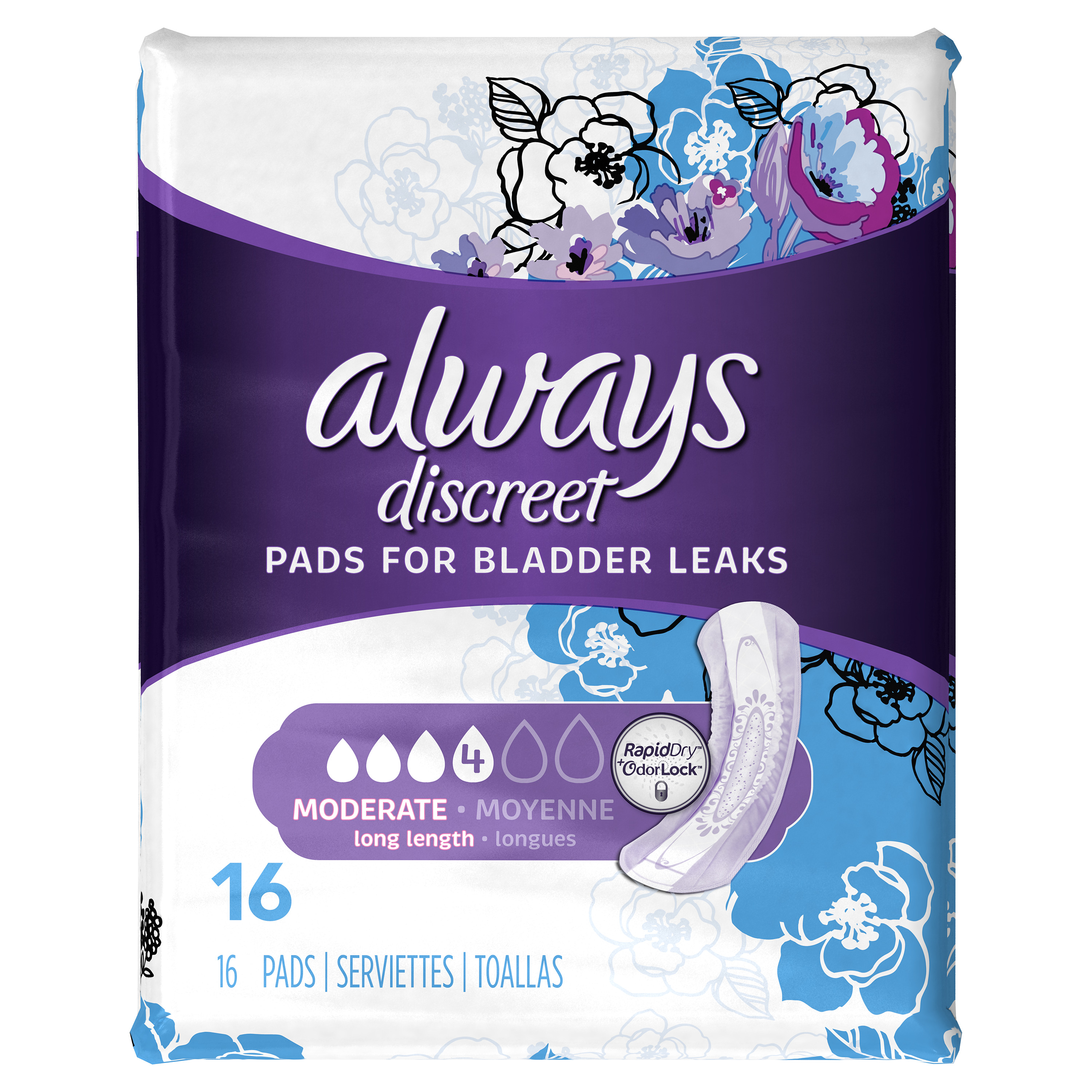 Always Discreet, Incontinence Pads, Moderate, Long, 16 Count Always Discreet