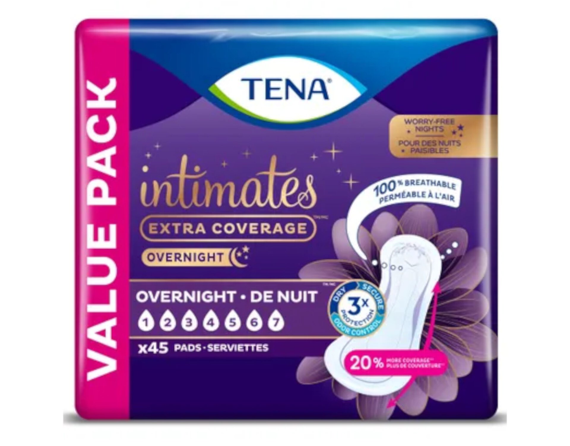 TENA Intimates Overnight Incontinence Pads for Women, 45 Count, 3 Pack Tena