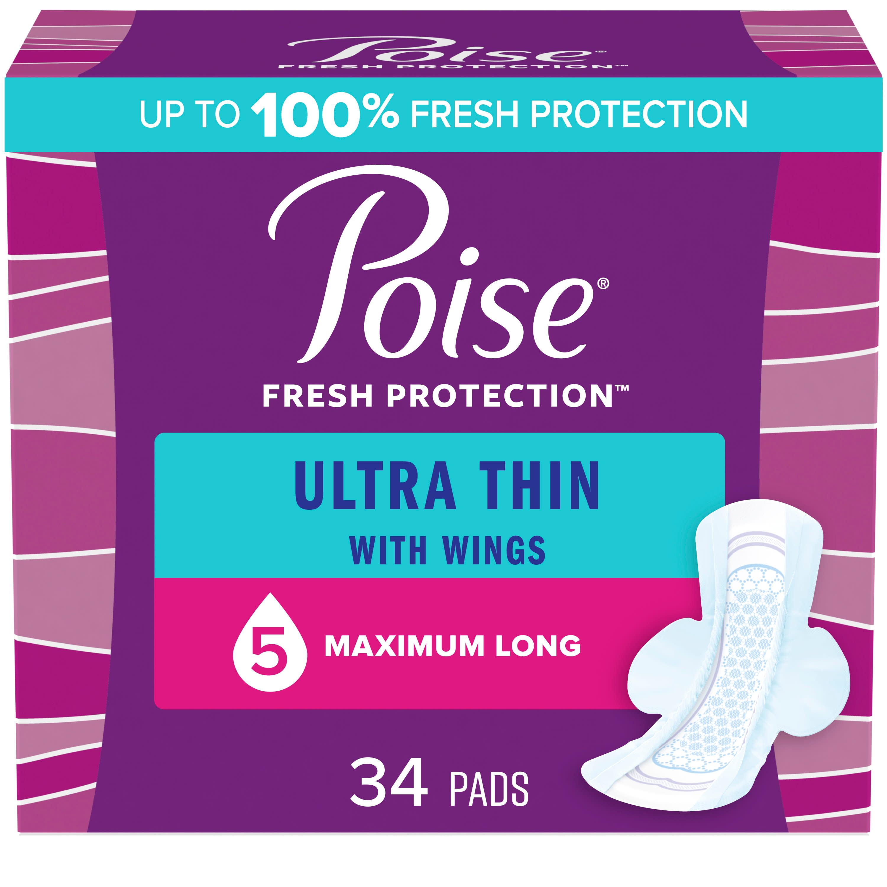 Poise Ultra Thin Incontinence Pads for Women, with Wings, 3 Drop, Maximum Absorbency, Long, 34Ct Poise