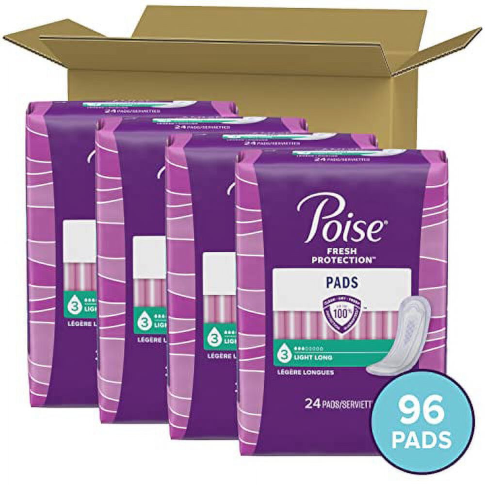 Poise Incontinence Pads & Postpartum Incontinence Pads, 3 Drop Light Absorbency, Long Length, 96 Count (4 Packs of 24) Visit the Poise Store