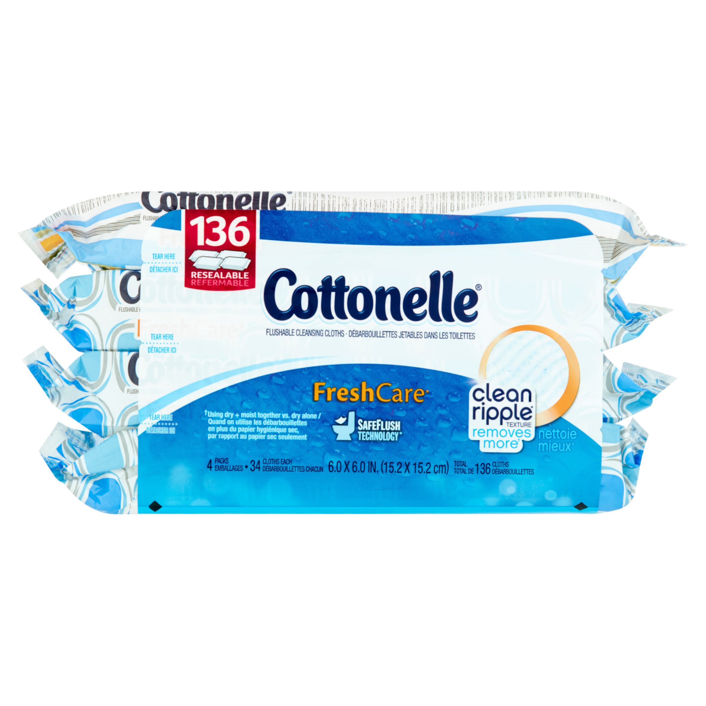 Смываемые очищающие салфетки FreshCare 136 шт, 4 упаковки, без алкоголя Cottonelle