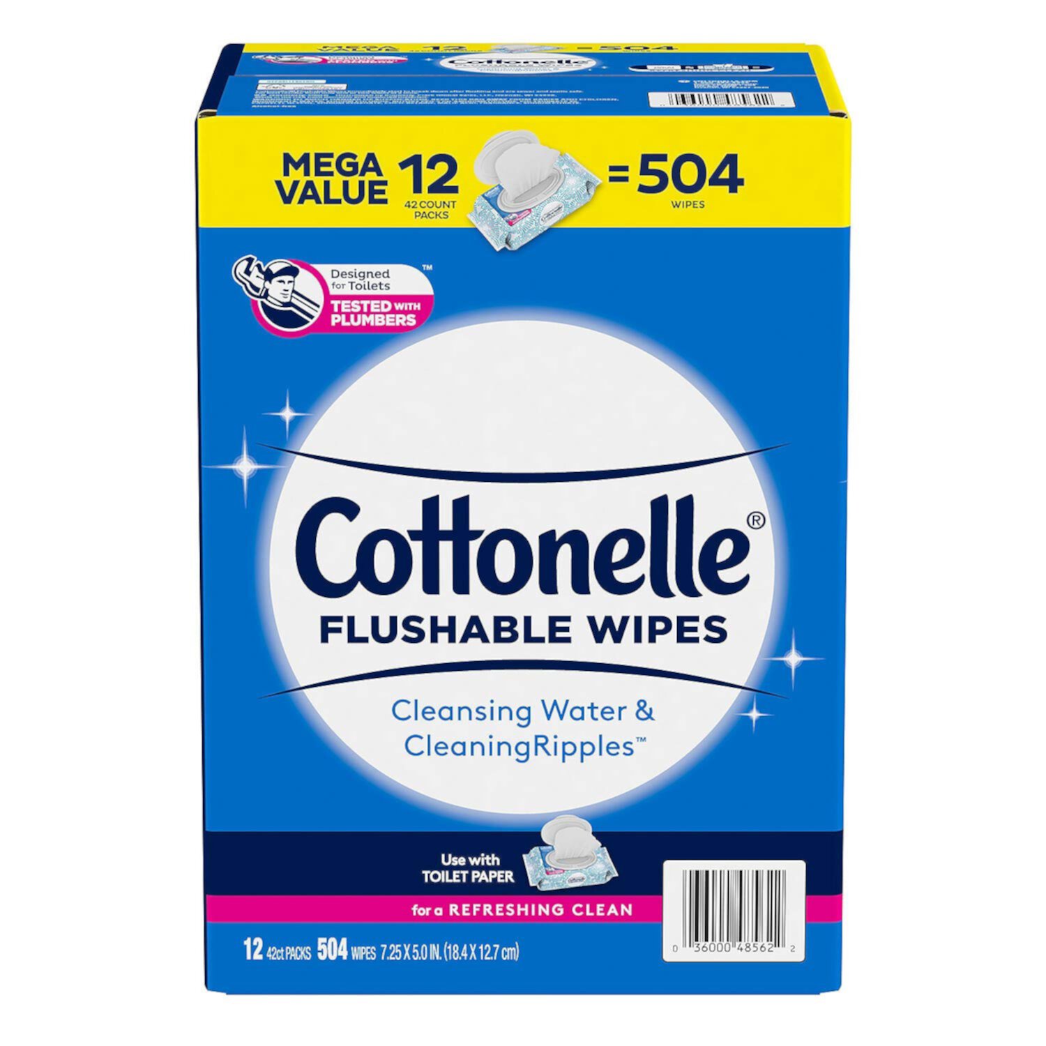 Салфетки для очищения 504 шт, 12 упаковок по 42 салфетки, без спирта Cottonelle