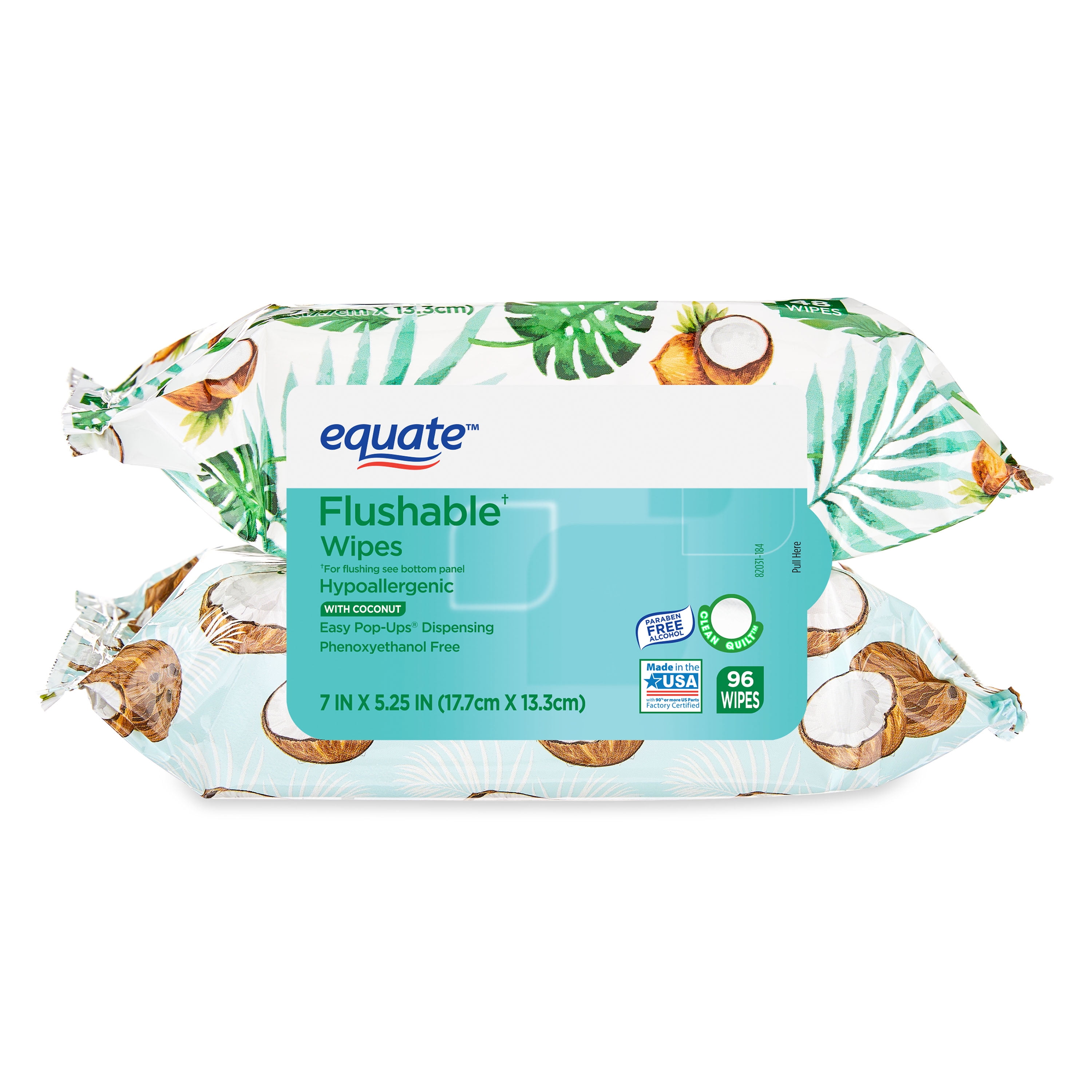 (3 pack) Equate Coconut Scented Flushable Wipe, 2 Flip-Top Packs (96 Total Wipes) Equate