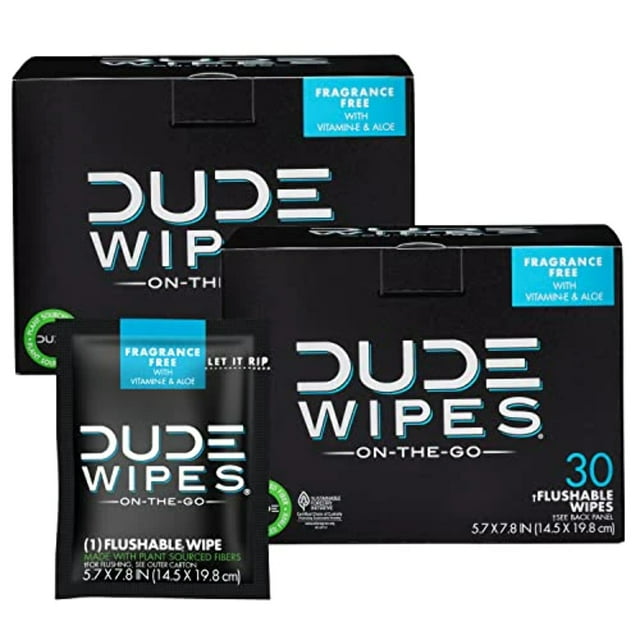 DUDE Wipes Flushable Wet Wipes (2 Packs, 30 Wipes Each) Individually Wrapped for Travel, Unscented Wet Wipes with Vitamin-E & Aloe, Septic and Sewer Safe DUDE