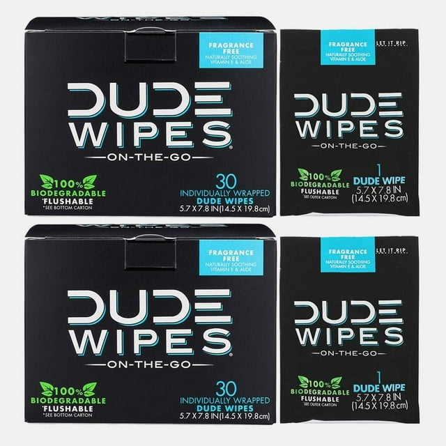 DUDE Wipes Flushable Wet Wipes (2 Packs, 30 Wipes Each) Individually Wrapped for Travel, Unscented Wet Wipes with Vitamin-E & Aloe, Septic and Sewer Safe DUDE