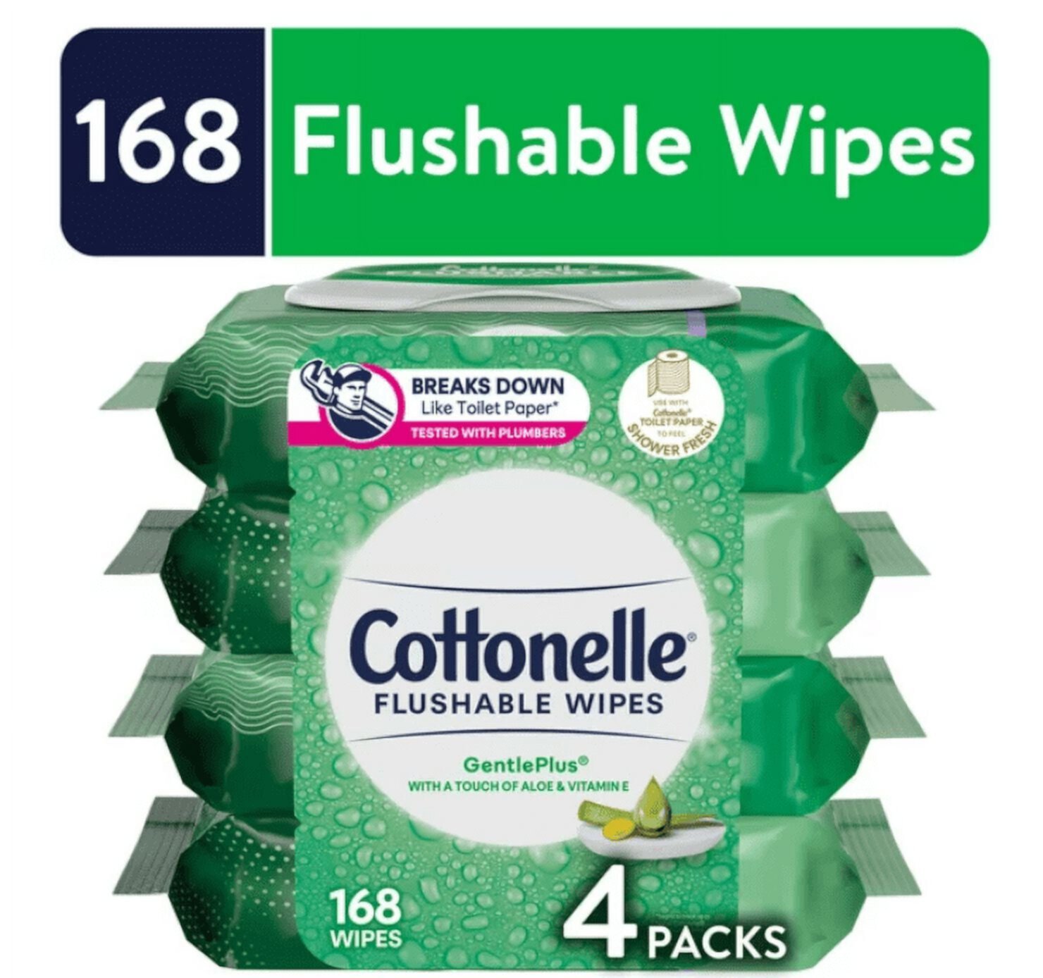 Салфетки влажные смываемые GentlePlus с алоэ и витамином E, 4 упаковки по 168 шт Cottonelle