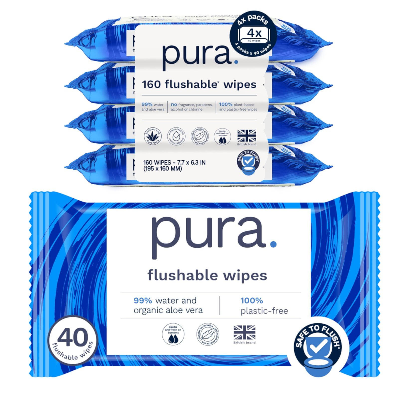 Pura Flushable Fragrance-Free Allergy UK Certified Toilet Wipes, 160 Count (Choose Your Count) Pura