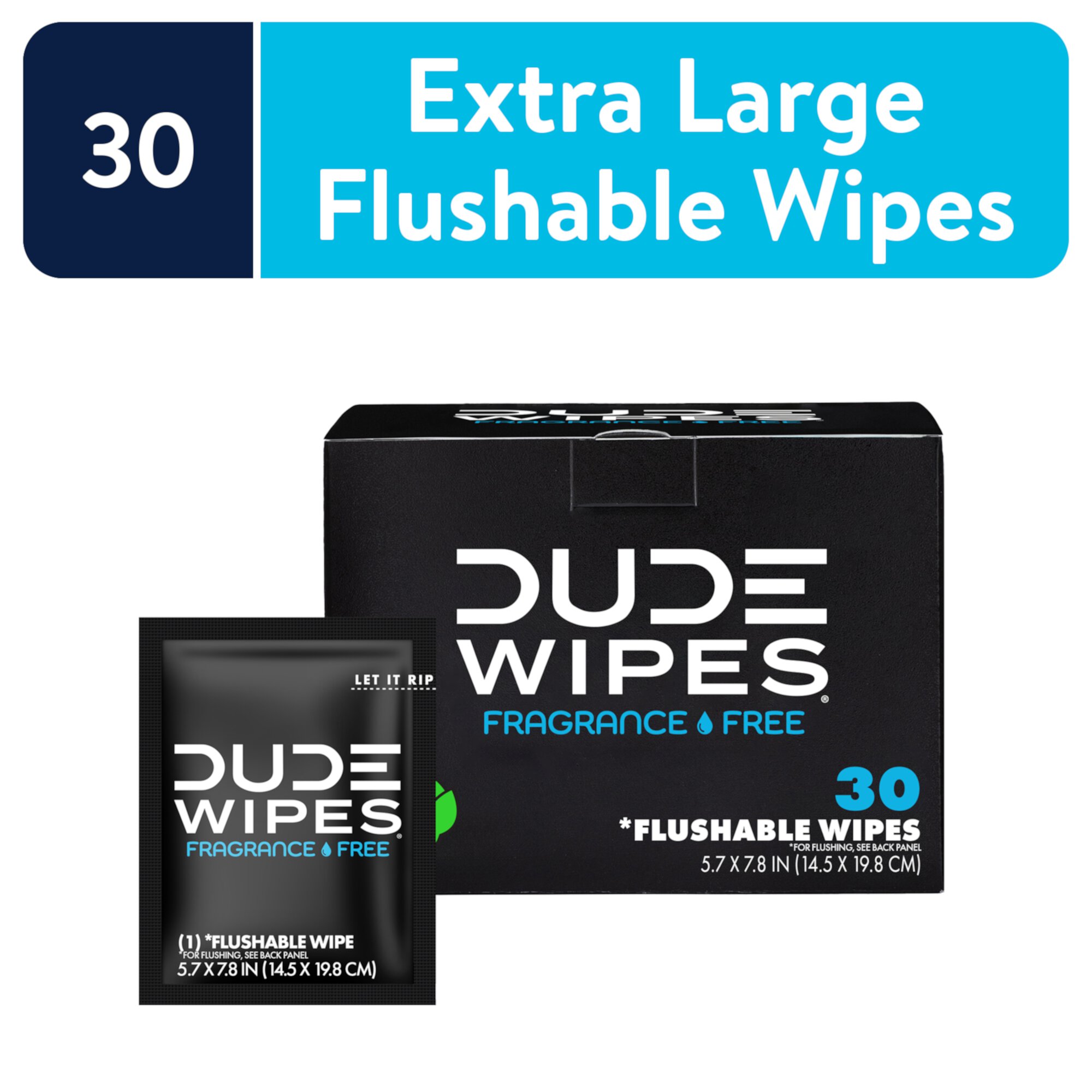 DUDE Wipes Flushable Wipes, Unscented with Vitamin-E & Aloe, 100% Biodegradable, Singles for Travel (30 Individually Wrapped Wipes) DUDE