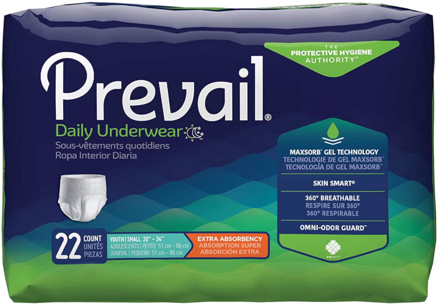 Prevail Extra Youth Absorbent Underwear, Pull On, Disposable, Moderate Absorbency, Small 20 to 34 Inch, 8 Packs of 22 Prevail