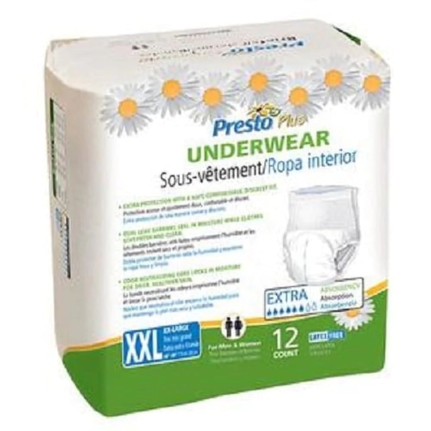 Presto Maximum Absorbency Underwear, 2XL, 68-80 Inch, White-Bag of 12 Presto