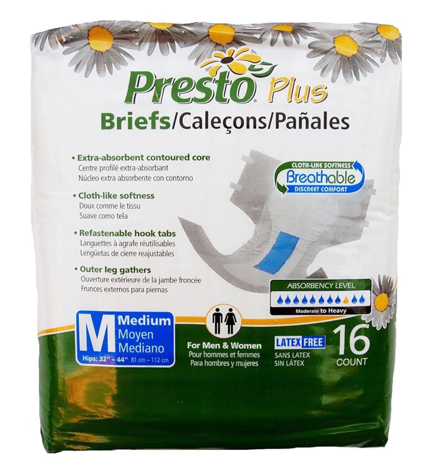 Presto Maximum Absorbency Brief,  Medium (32'' to 44'' Waist) White Pack of 16 Presto