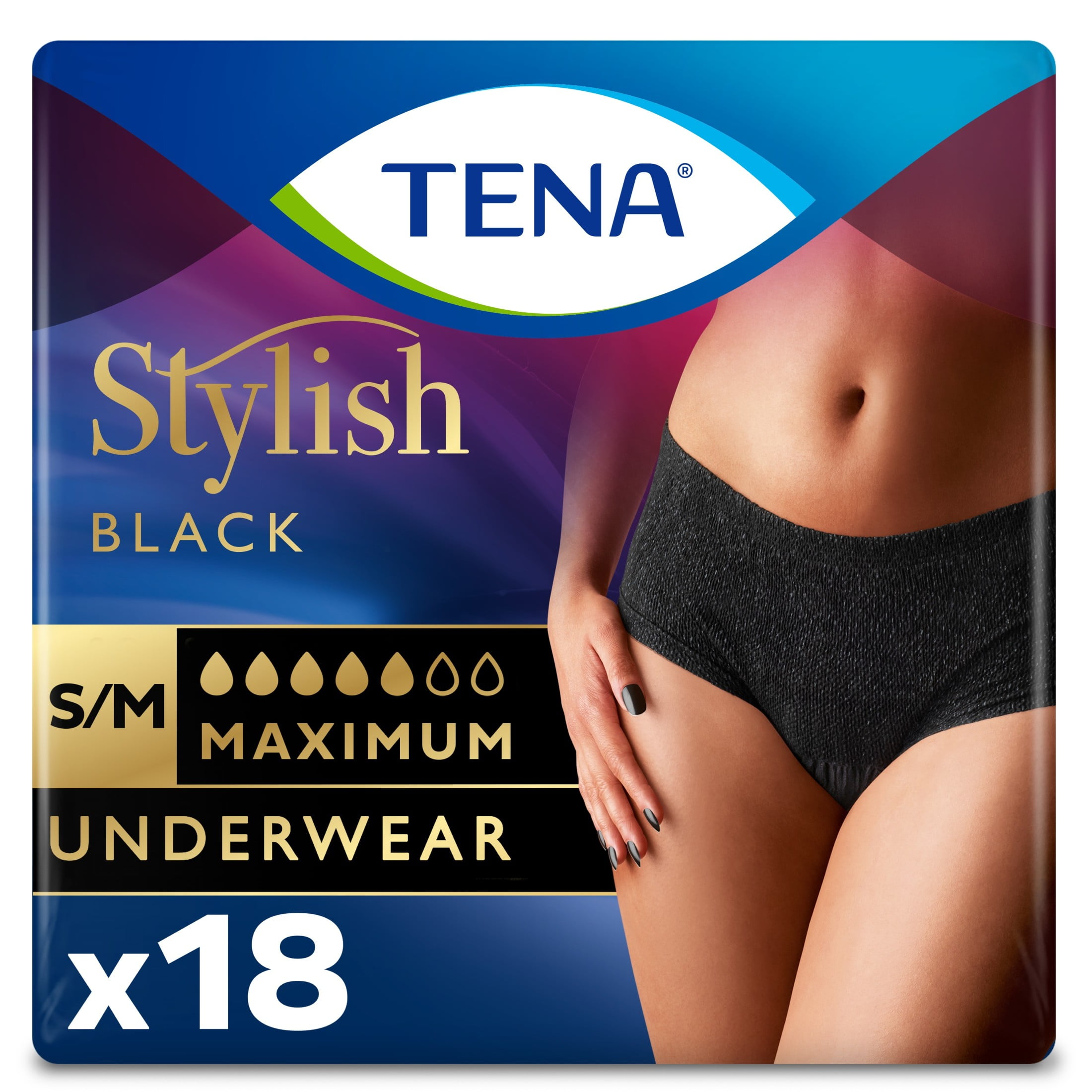 Tena Stylish Black Underwear for Women, Maximum S/M, 36 Ct Tena