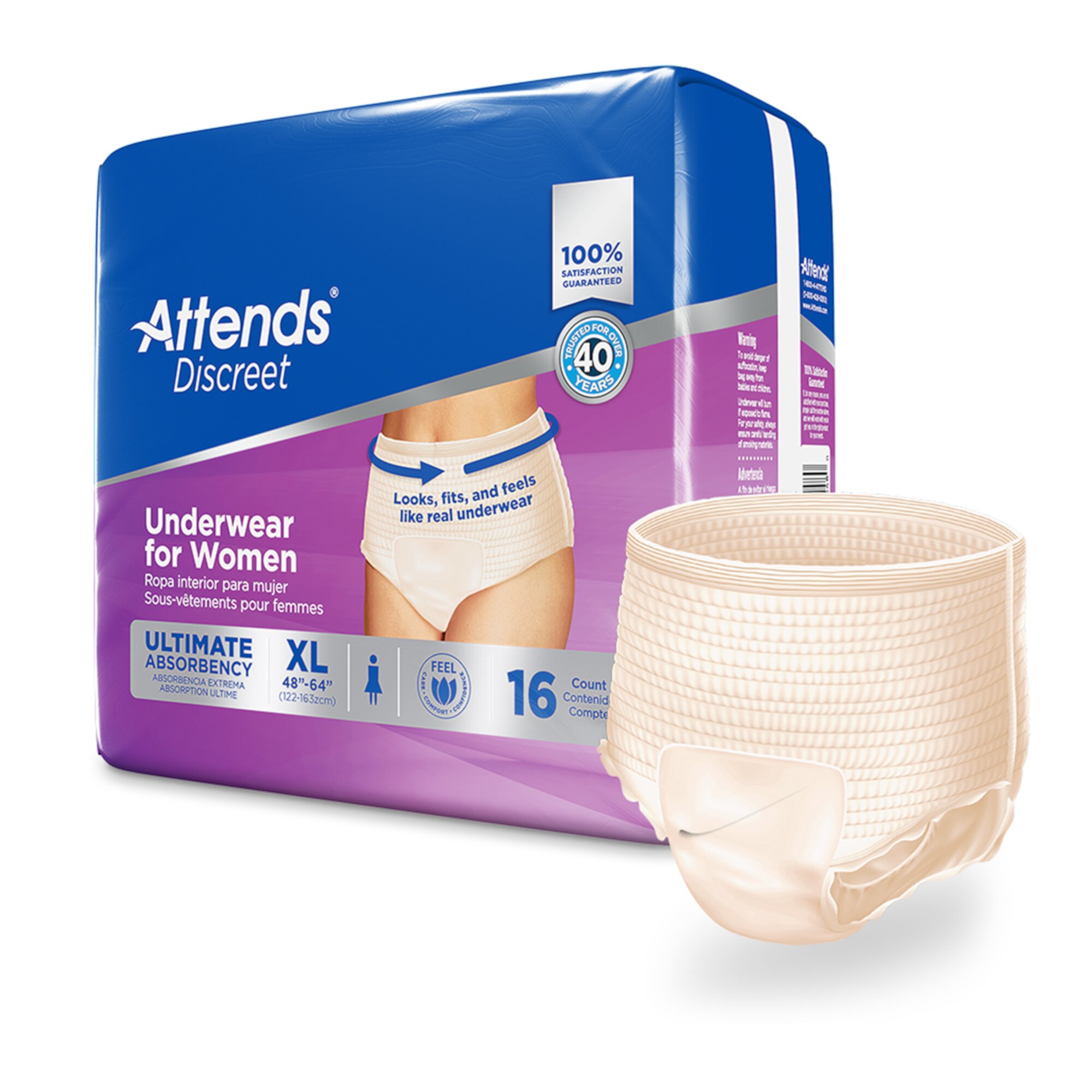 Attends Discreet Disposable Underwear Female Pull On with Tear Away Seams X-Large, ADUF40, 64 Ct Attends