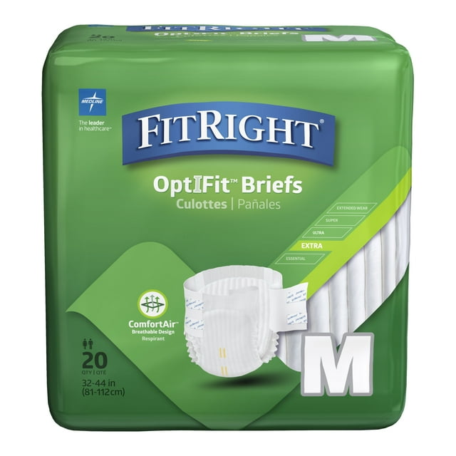 FitRight OptiFit Extra Briefs with Tabs, Adult Incontinence Brief, Moderate Absorbency, Medium, 32"-44", 20 Per Bag (80 Total) FitRight