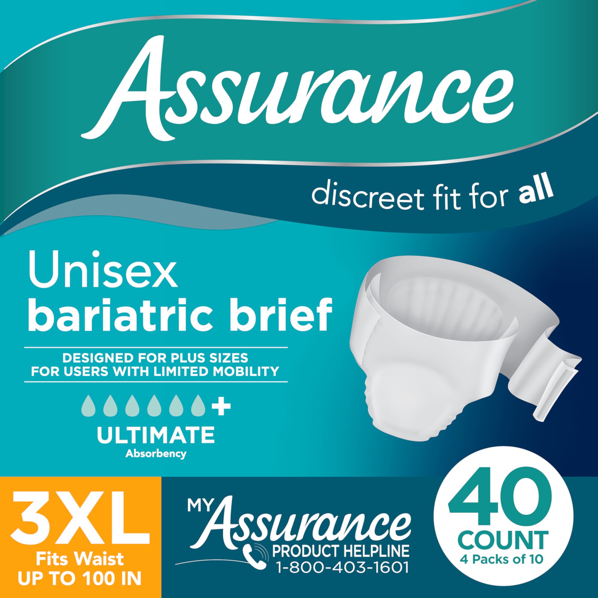 Assurance Unisex Maximum Incontinence Briefs with Tabs, Bariatric 40 Count Assurance