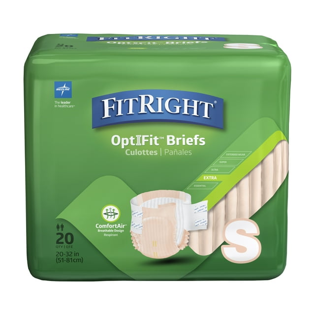 FitRight OptiFit Extra Briefs with Tabs, Adult Incontinence Brief, Moderate Absorbency, Small, 20"-32", 20 Per Bag (80 Total) FitRight