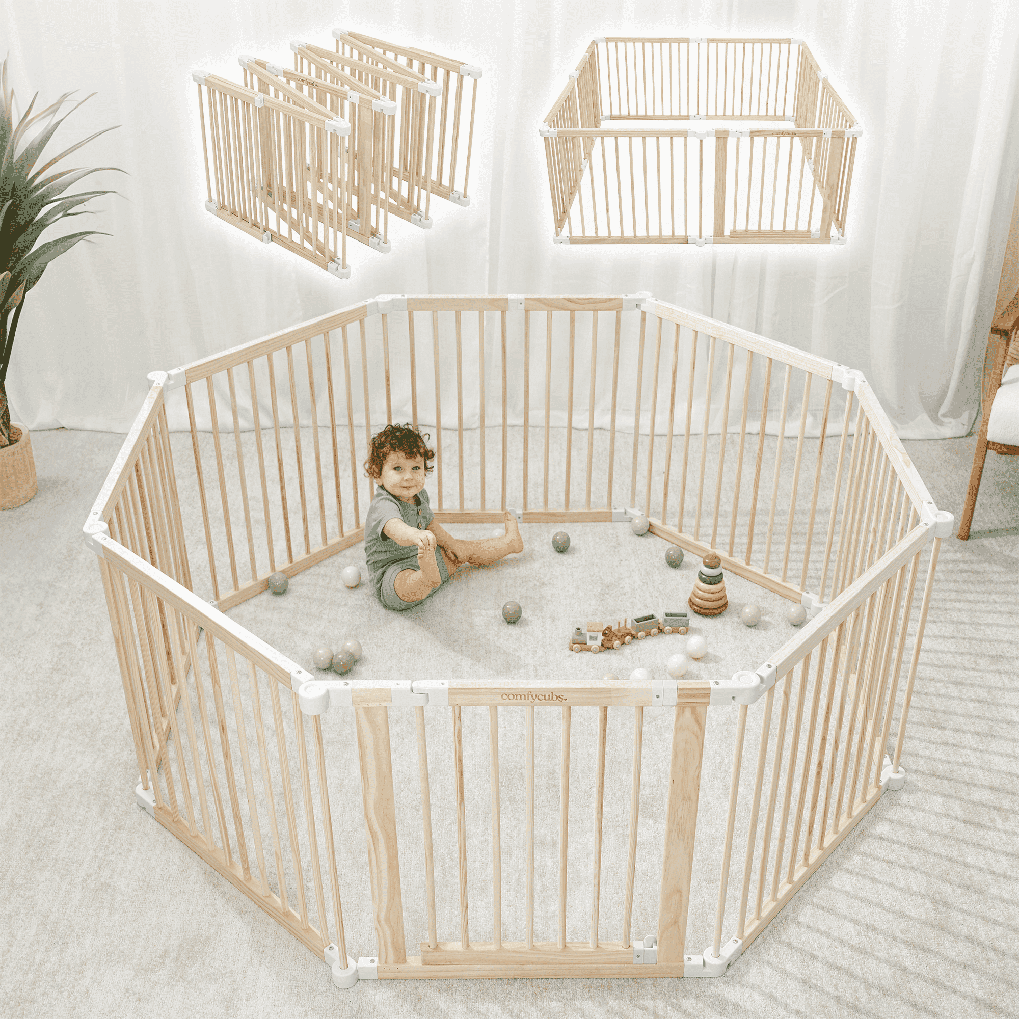 Baby Playpen & Baby Gate for Toddler and Babies, Foldable Wooden Large Shape & Size Adjustable Playard, Play Fence with Locking Gate Activity Center, Toddler Fence Play Area, Blush by Comfy Cubs Comfy Cubs