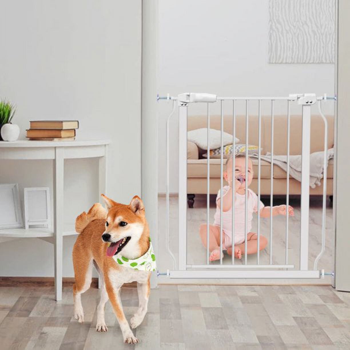 Extra Wide and Tall Baby Gate, Auto-Close and Hold-Open Pet Gates, Easy Walk Thru Indoor Safety Gate with 4 Pack of Pressure Mount Kit, Dog Gates with Optional Extension Kit for 43.3"-52.7" openings PRINIC