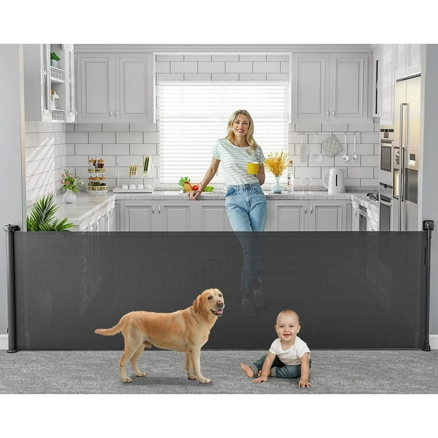 118 inch Retractable Baby Gates Extra Wide for Large Opening DynaBliss Retractable Baby Gate for Stairs Doorway Extra Long Dog Gate Adjustable Large Pet Gates for Dogs Indoor Mesh Child Gate (Black) Babyomi