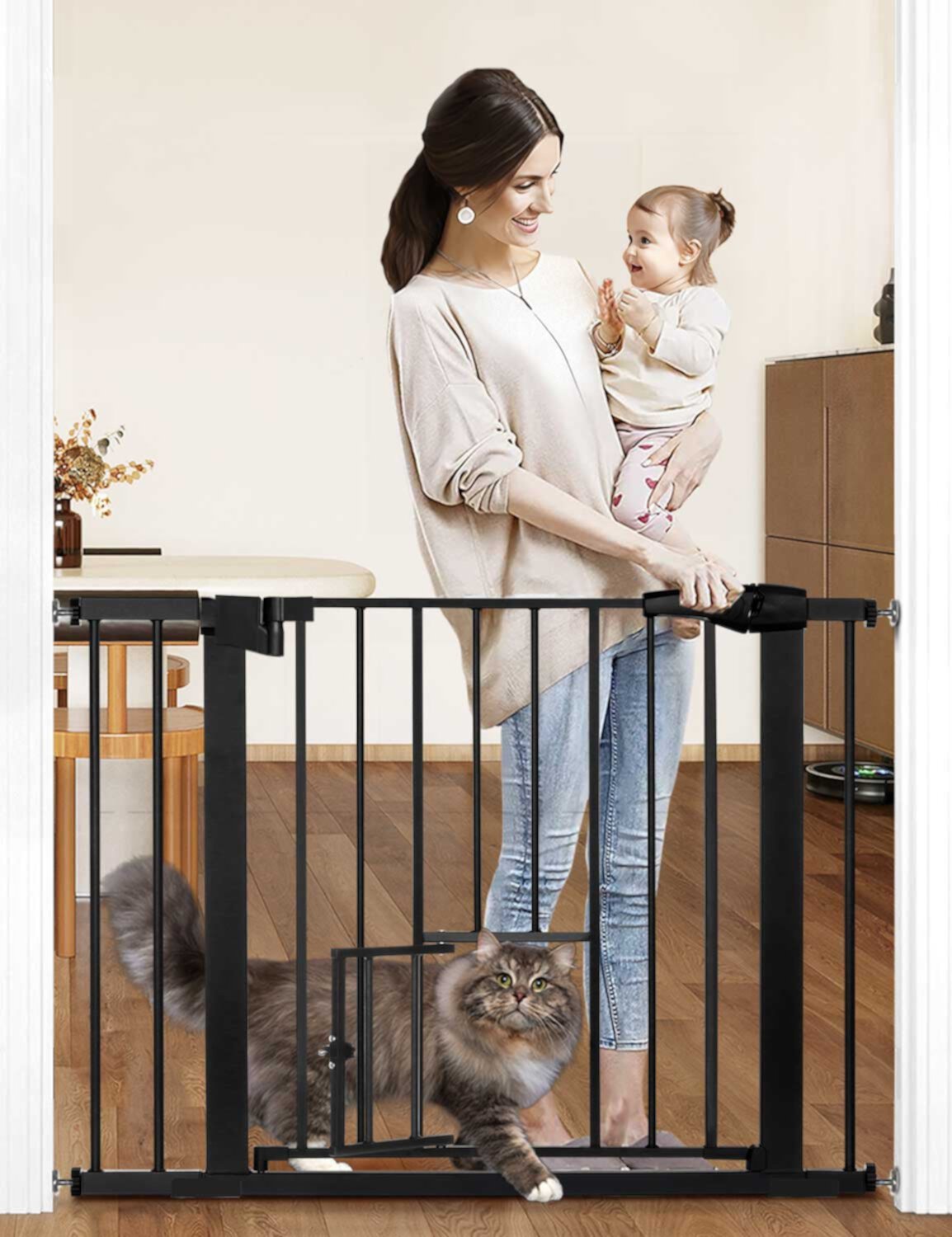 Baby Safety Gate 30"Tall 29.5''-40.5''Wide Doorway Baby Gate with Pet Door, White SINGES