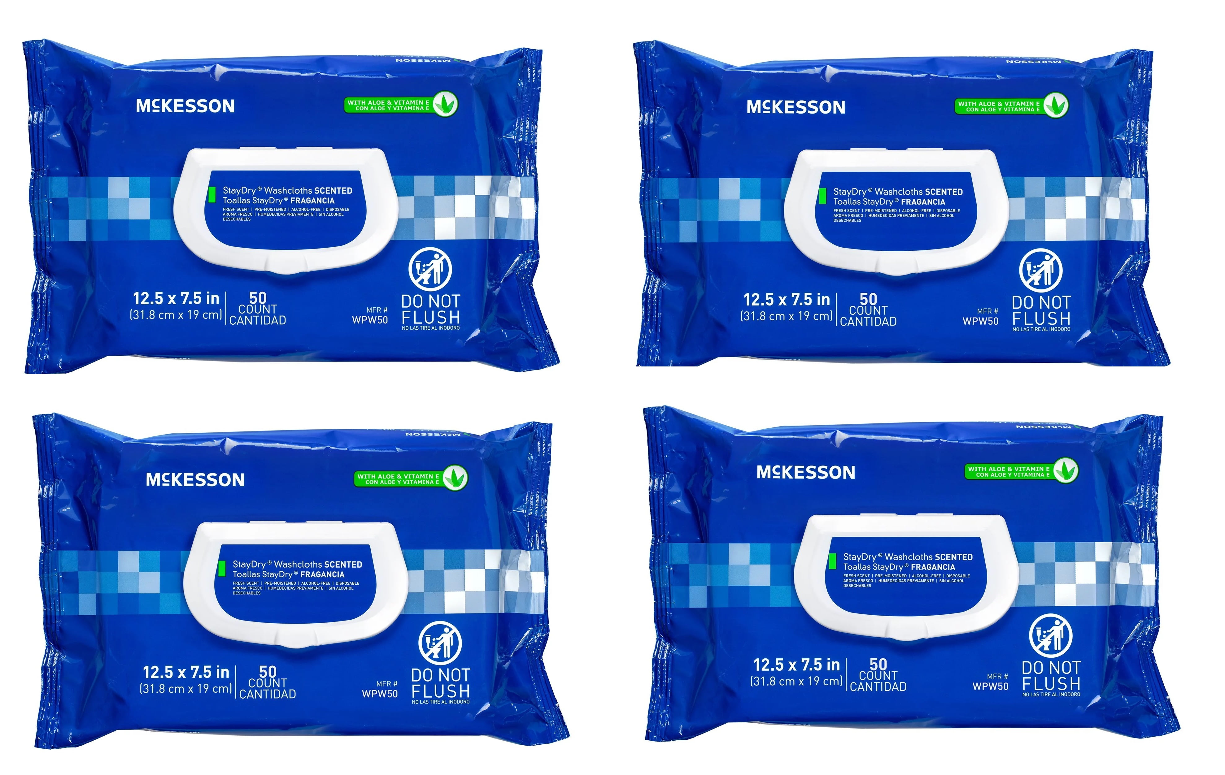 (4 pack) McKesson StayDry Adult Wipe or Washcloth 7.5 x 12.5" WPW50, 1 Pack 50 Wipes Mckesson