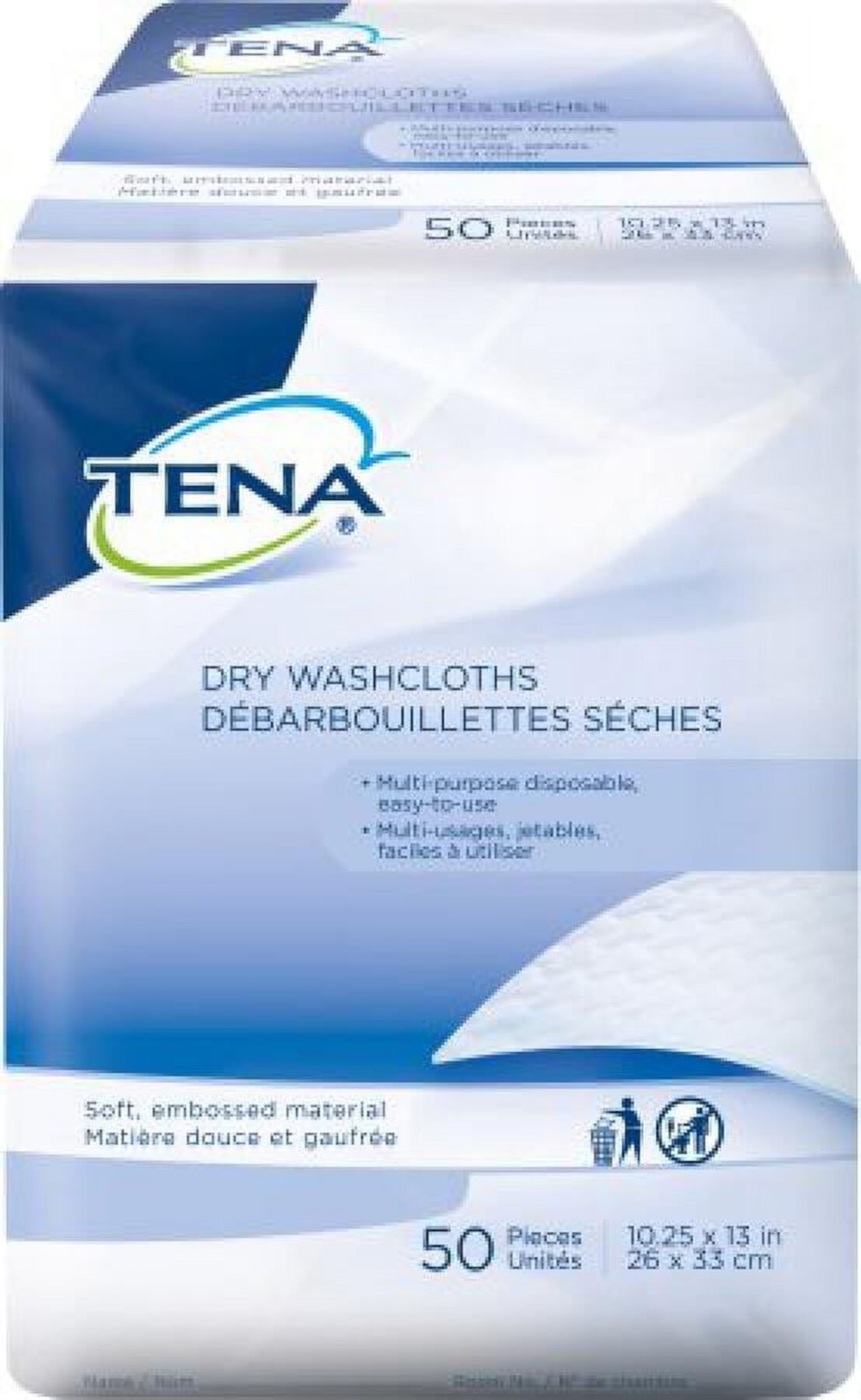 TENA Cliniguard Dry Washcloth, 10 Inches x 13.25 Inches, White, 50 Count Tena