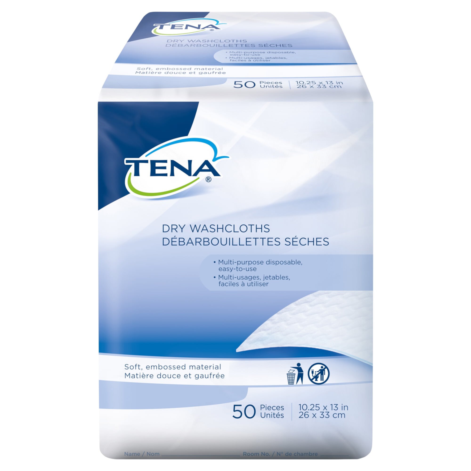 TENA Dry Wipes, White Adult Wash Cloths, 13 in x 13 1/4 in, 50 Count, 20 Packs, 1000 Total Tena