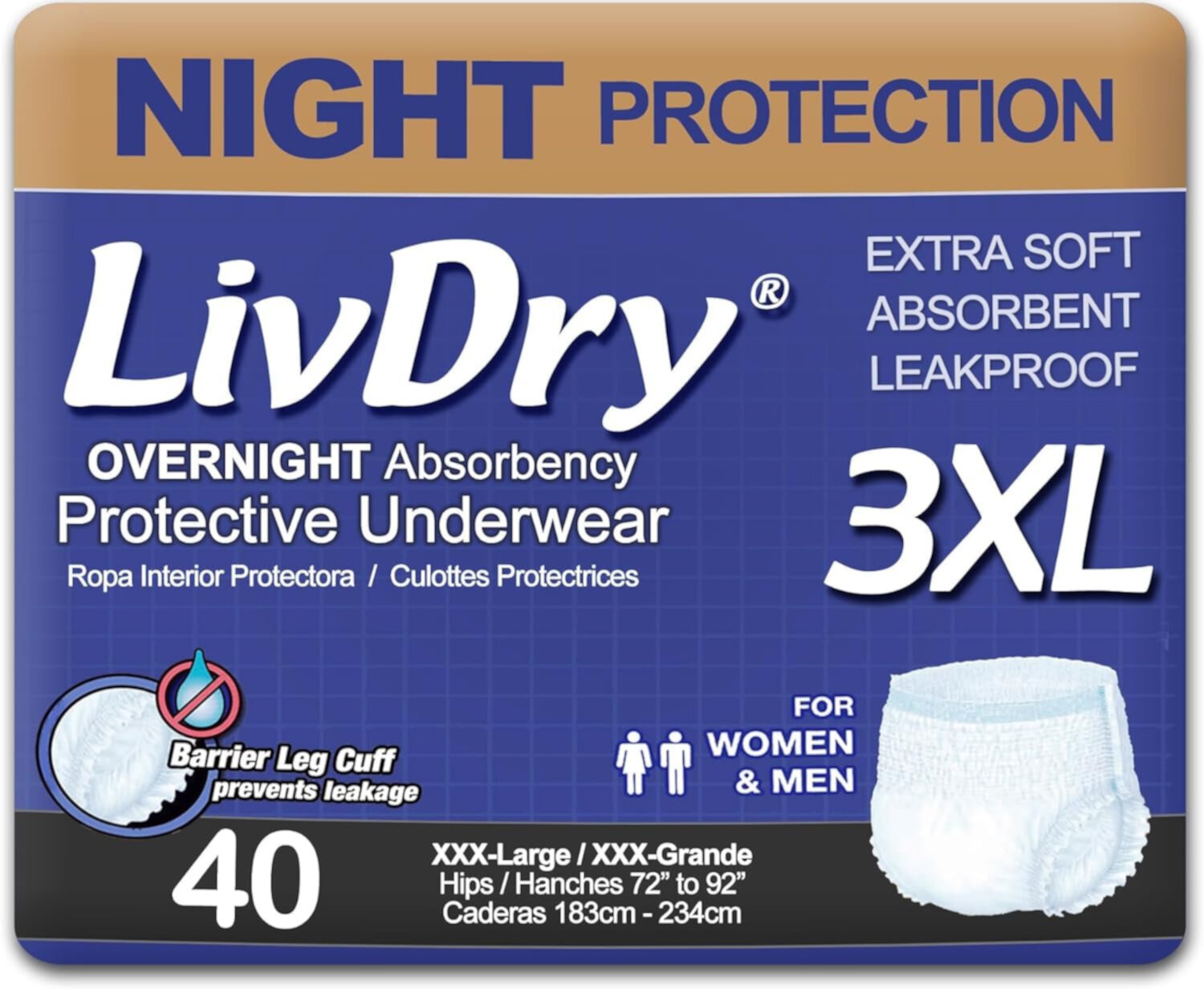 LivDry Overnight Adult Diapers for Women and Men, Incontinence Underwear (Large, 16-Pack) LivDry