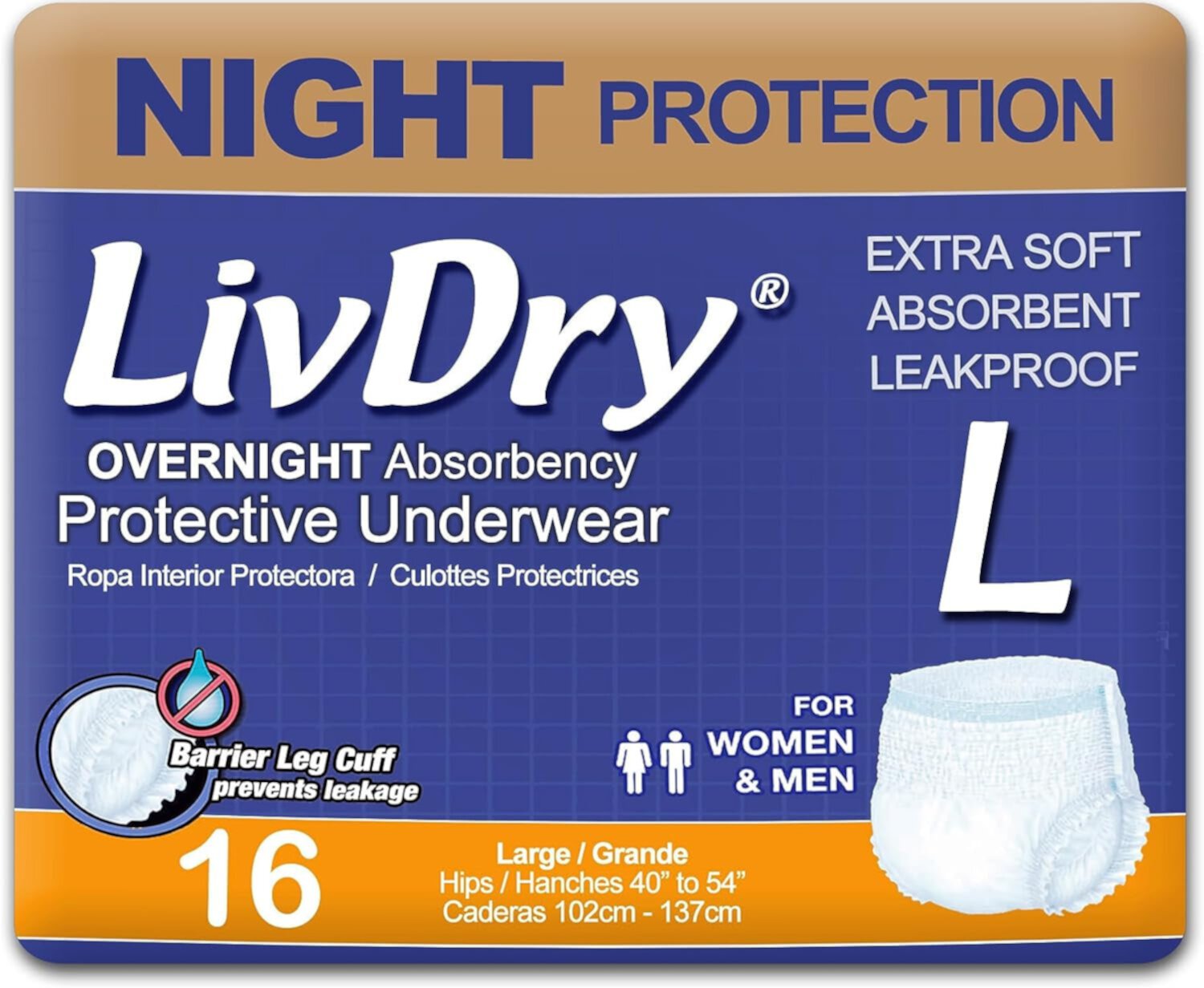 LivDry Overnight Adult Diapers for Women and Men, Incontinence Underwear (Large, 16-Pack) LivDry