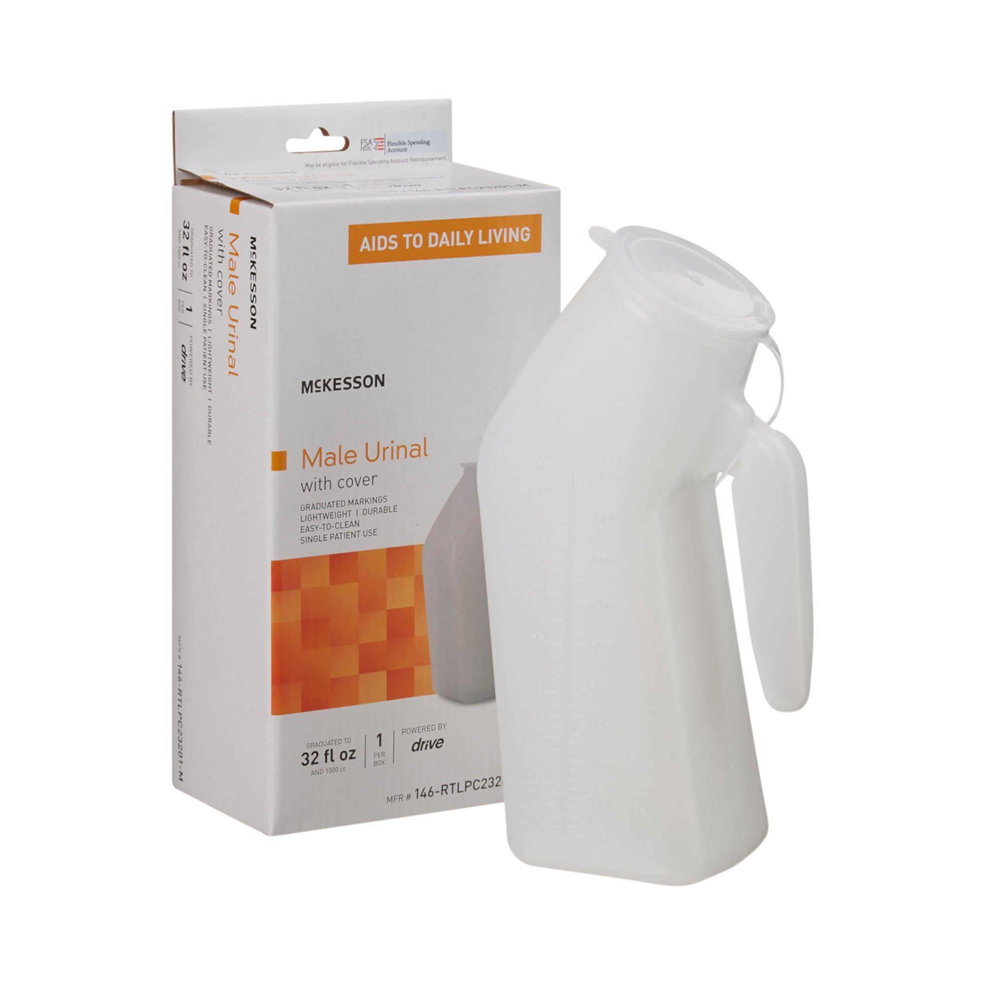 McKesson Male Urinal with Cover, 32 oz (Унции). Capacity, White Lightweight Plastic, 6 Ct Mckesson