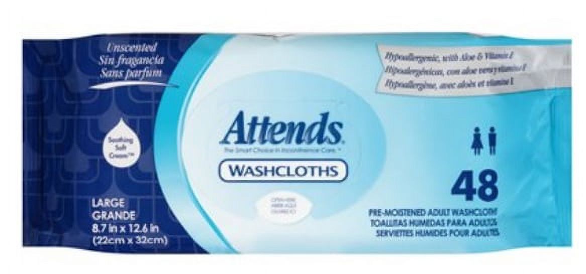 Attends Washcloths, Pre-Moistened Adult Washcloths Unscented, Large, 48 Count Attends