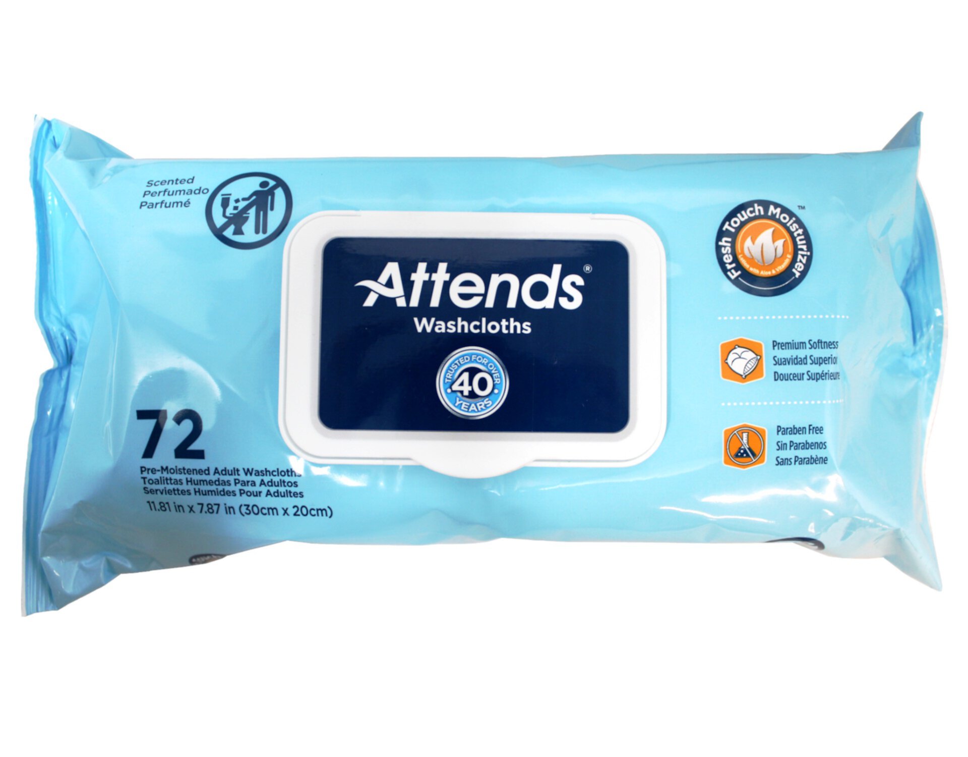 Attends Scented Washcloths for Adult Incontinence Care, Hypoallergenic, Latex and Alcohol Free, 7.8" x 11.8" Wipes, 72 Count Attends