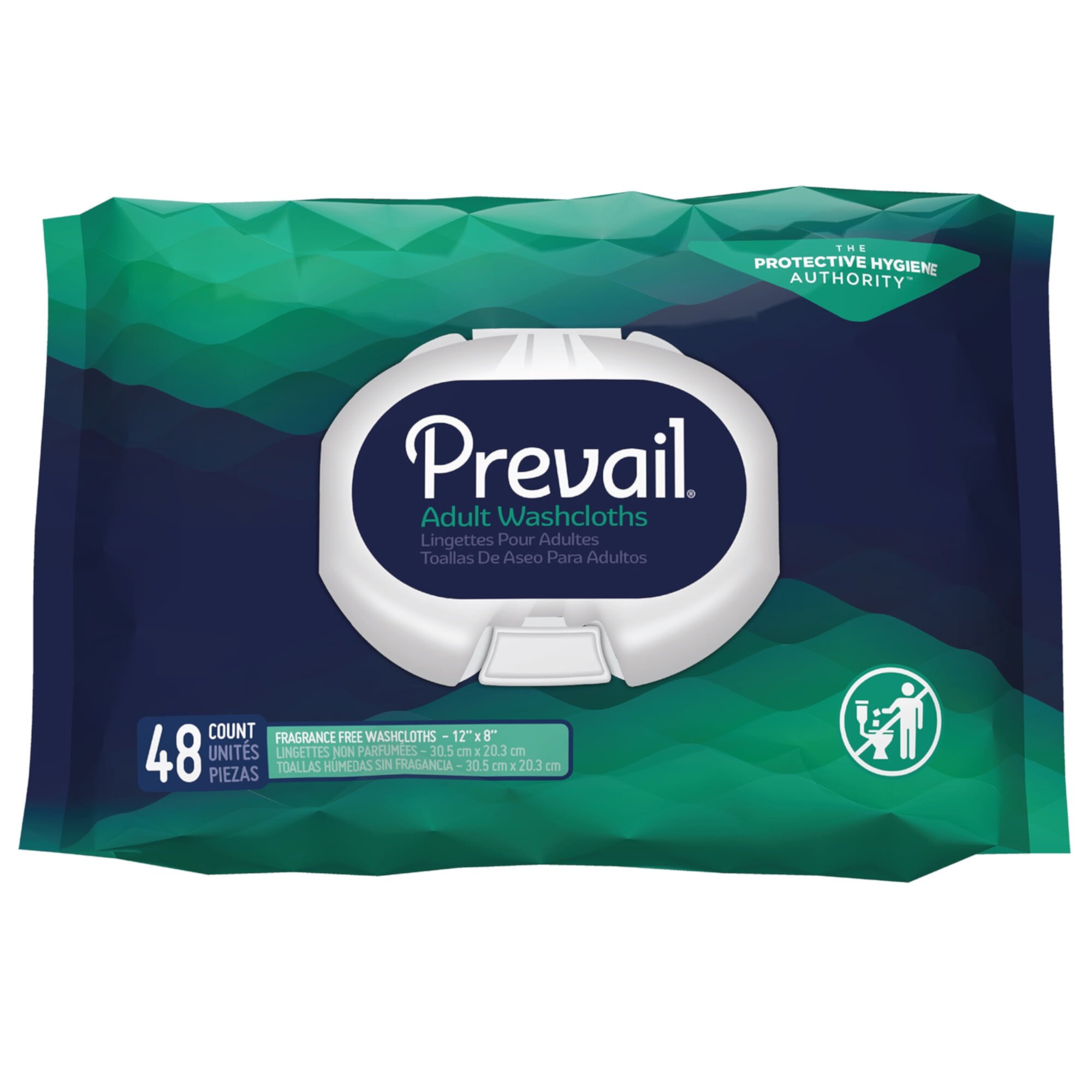 Prevail Adult Washcloths with Press-n-Pull lid, 8 X 12 Inch, 48 Count, 12 Pack Prevail