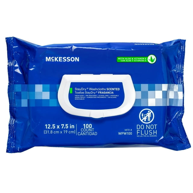 McKesson Washcloth Wipes, Unscented - Disposable Wet Wipes for Adults - Fragrance-Free, Paraben-Free - No-Rinse Formula - 96 Wipes Per Pack, 96 Count, 1 Pack Mckesson