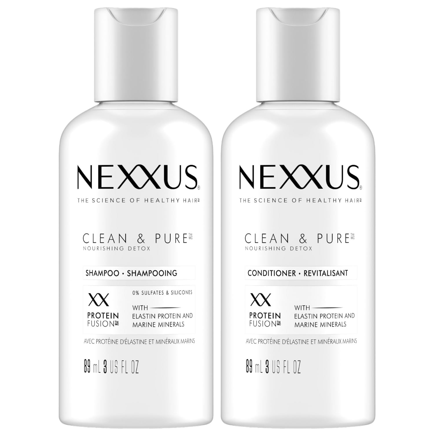 Nexxus Travel Shampoo and Conditioner, Clean & Pure – Hair Products with Elastin Protein and Marine Minerals, Sulfate-Free, 3 Oz Ea Nexxus