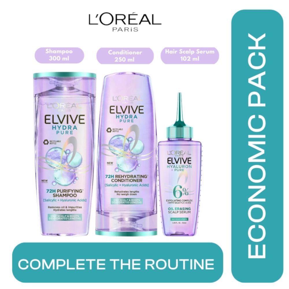 Loreal Paris Elseve (Elvive) Hydra [Hyaluronic] Pure Salicylic Acid 3 Economic Pack Shampoo,Conditioner and Hair Scalp Serum L'Oréal Paris