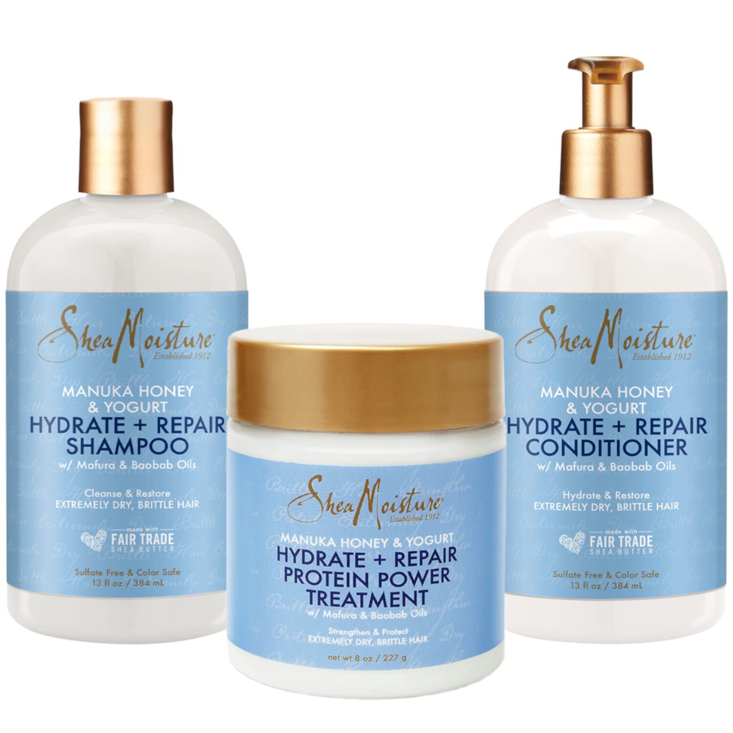 Shea Moisture Shampoo and Conditioner Set 13 fl oz each Bundled with Protein Power Treatment 8 fl oz Manuka Honey & Yogurt Hydrate + Repair Hair, Vitamin C SheaMoisture