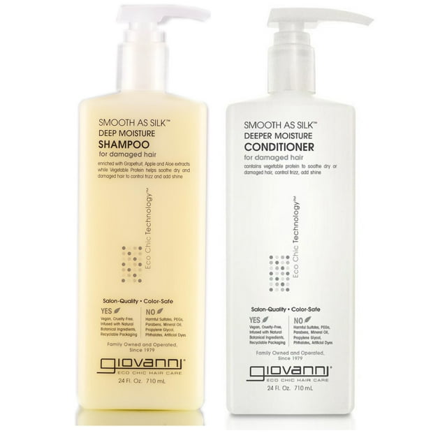 Giovanni SMOOTH AS SILK Deep Moisture SHAMPOO & CONDITIONER DUO SET for Damaged Hair - Protein to Soothe Dry, Frizz, Add Deeper Shine (24 oz / 710 ml - LARGE PUMP SIZES DUO KIT) Giovanni