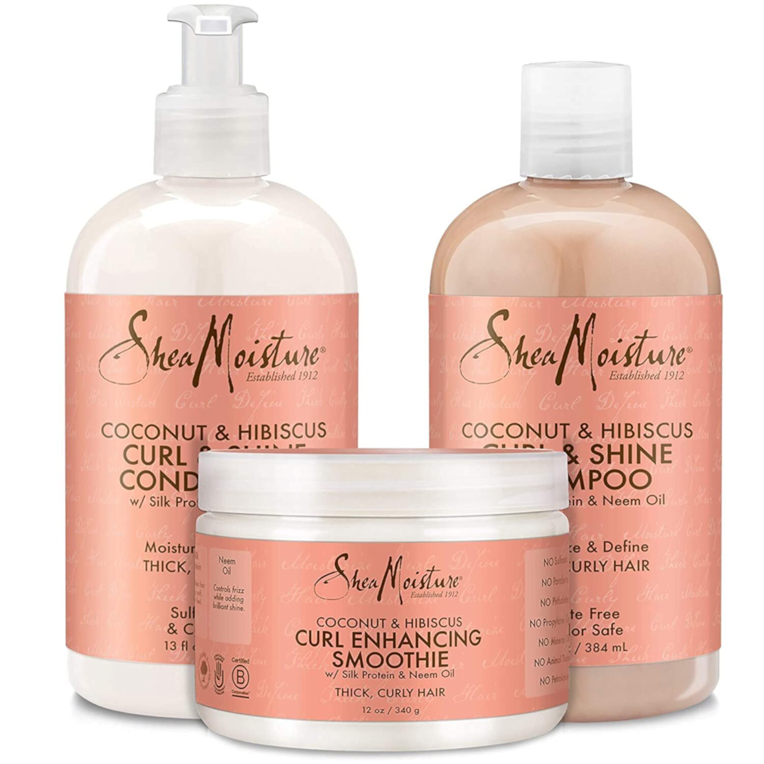 SheaMoisture Coconut & Hibiscus Curl TRIO: Includes Curl & Shine Shampoo, Curl & Shine CONDITIONER, Curl Enhancing Smoothie with a box SheaMoisture