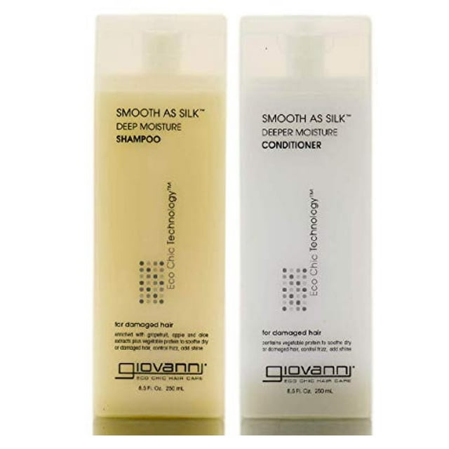 Giovanni SMOOTH AS SILK Deep Moisture SHAMPOO & CONDITIONER DUO SET for Damaged Hair - Protein to Soothe Dry, Frizz, Add Deeper Shine (24 oz / 710 ml - LARGE PUMP SIZES DUO KIT) Giovanni